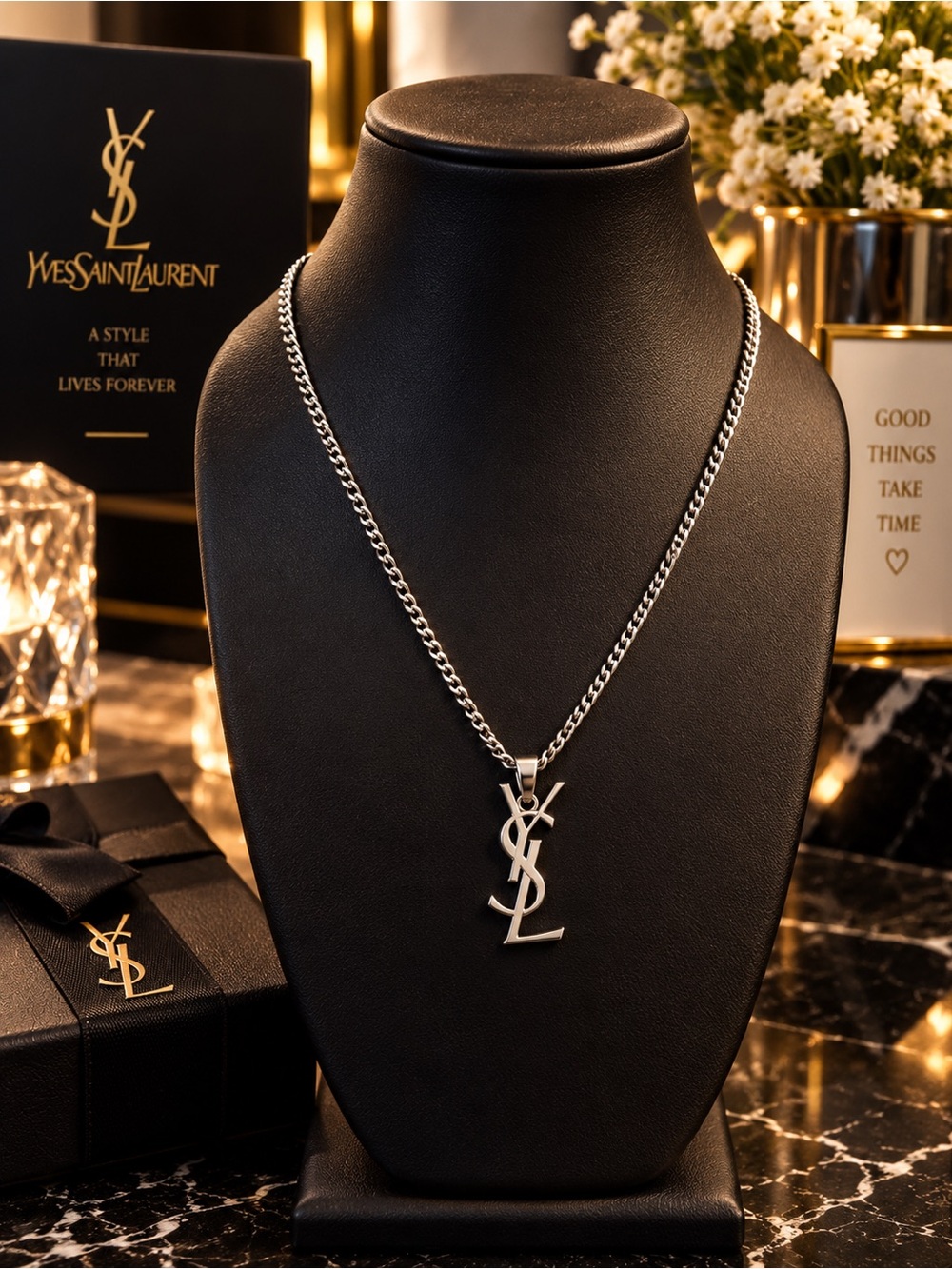 Yves Saint Laurent Silver YSL Interlocking Logo Pendant Necklace